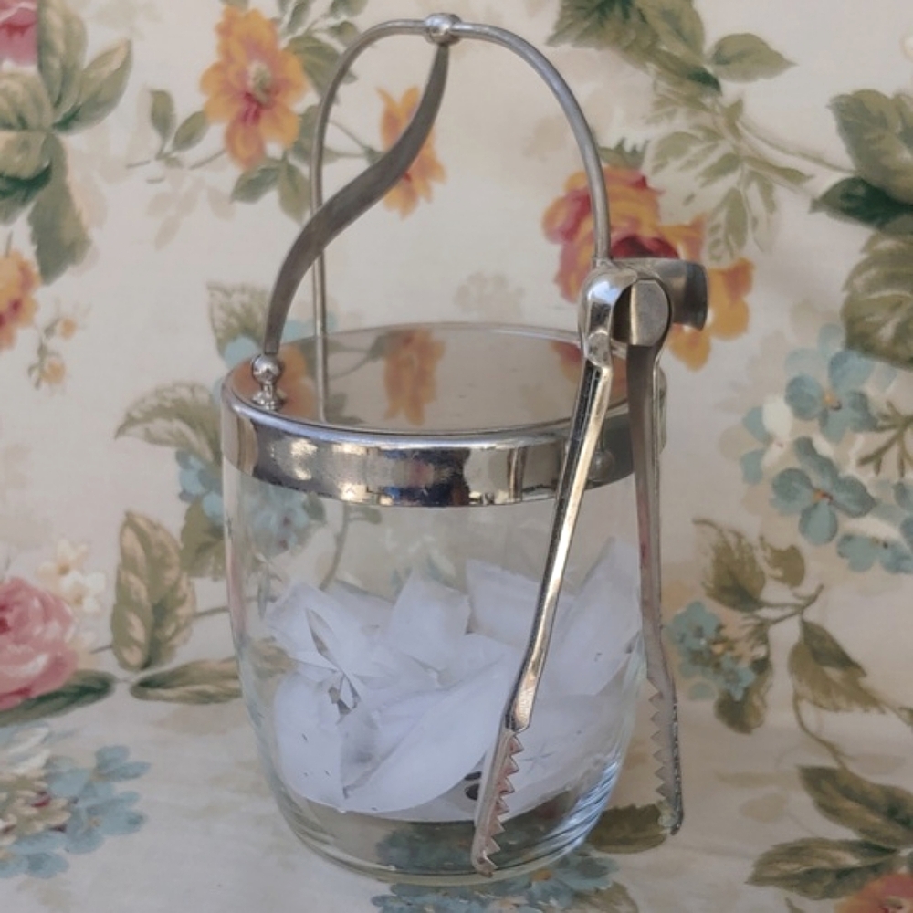 Vintage Etched Crystal Ice Bucket with Stainless Steel Lid and Tongs